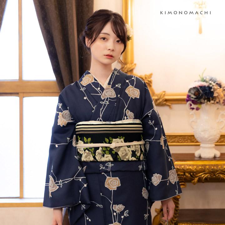 KIMONOMACHI 洗える着物 セット「袷着物：ばら 墨紺色＋京袋帯：黒