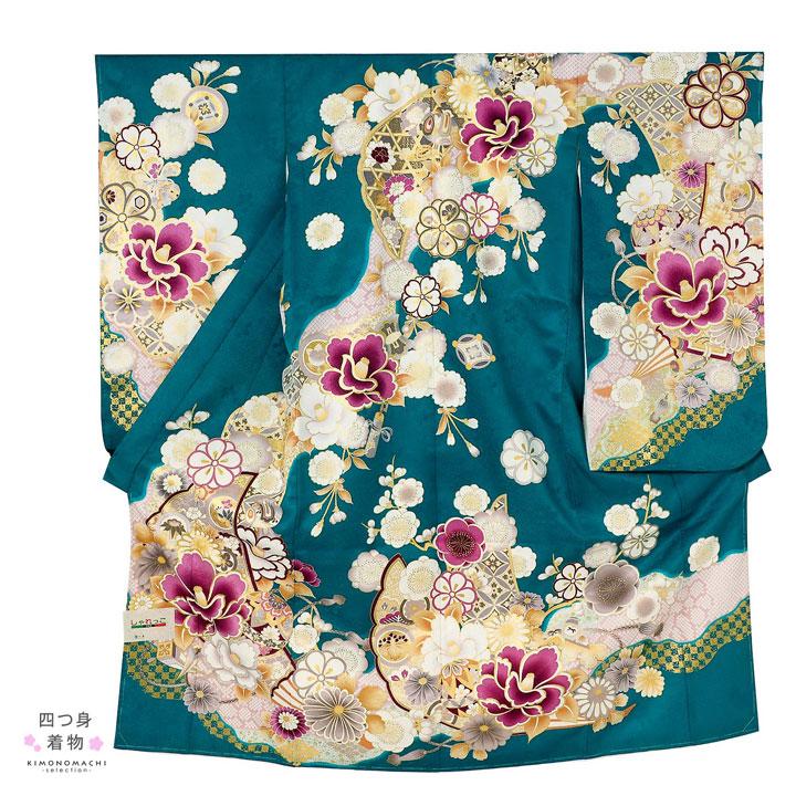 七五三 7歳 四つ身着物フルセット「孔雀色 四季花に椿」女の子 7才