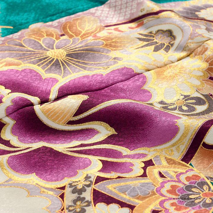 七五三 7歳 四つ身着物フルセット「孔雀色 四季花に椿」女の子 7才