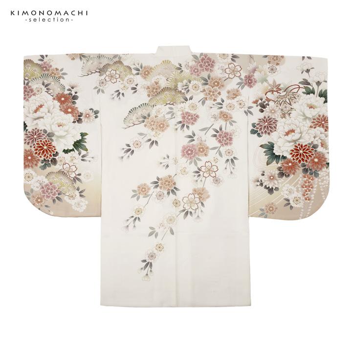 二尺袖着物 単品 仕立て上がり ショート丈 白 アイボリー NO36037-03 二尺袖着物 単品「アイボリー 牡丹、四季花に貝桶」Fサイズ お仕立て