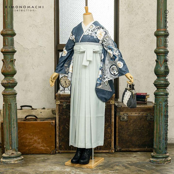 二尺袖着物 単品 絵羽「青鼠色 雪輪に四季花」Fサイズ お仕立て上がり