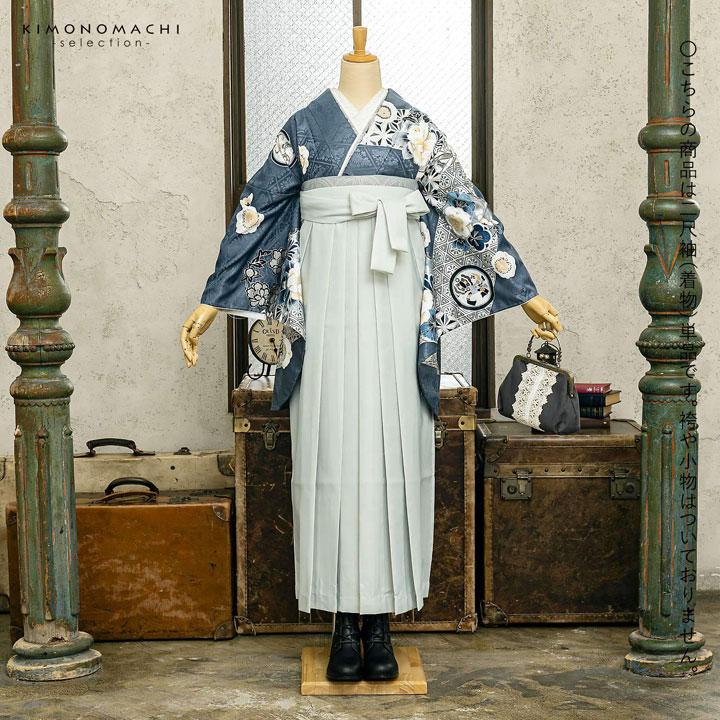 二尺袖着物 単品 絵羽「青鼠色 雪輪に四季花」Fサイズ お仕立て上がり