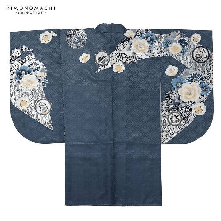 二尺袖着物 単品 絵羽「青鼠色 雪輪に四季花」Fサイズ お仕立て上がり