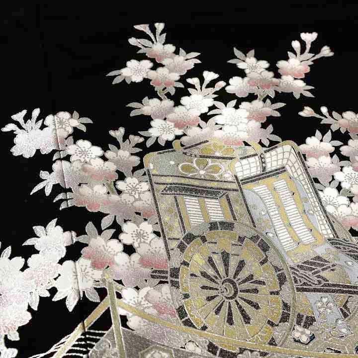 黒留袖 桂由美 お仕立て上がり 単品「銀 桜に幔幕、御所車」正絹 紋