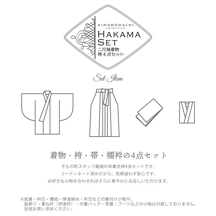 袴 セット 卒業式 女性 4点セット「二尺袖：ブラウン ボタニカル＋袴：オフホワイト 葡萄＋袴下帯：ベージュグレー 七宝＋襦袢」S/M/L/LL (メール便不可)の画像