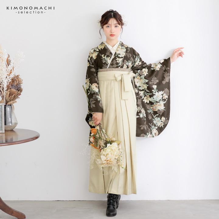 卒業式 袴4点セット ベージュにストライプにと花0212 袴 セット 卒業式 女性 4点セット「二尺袖：ストライプブーケグリーン