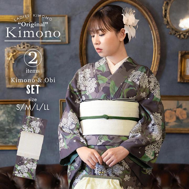 KIMONOMACHI 洗える着物 セット「袷着物：銀木犀 灰紫色＋京袋帯：献上
