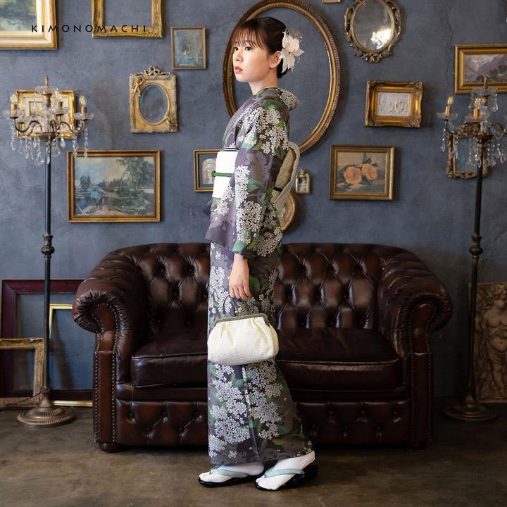 KIMONOMACHI 洗える着物 セット「袷着物：銀木犀 灰紫色＋京袋帯：献上