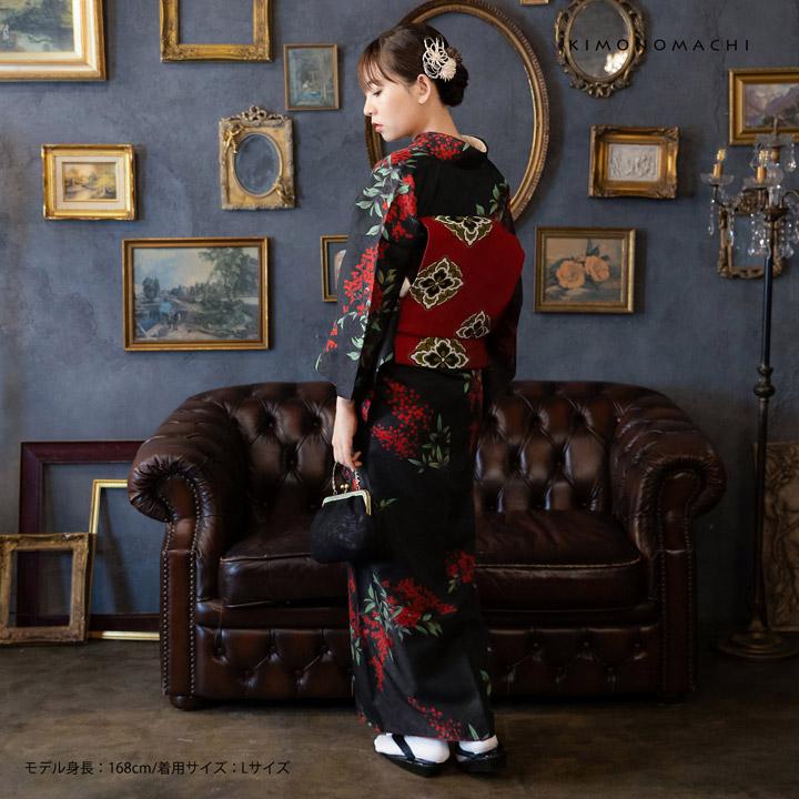 超美品　正絹　袷　着物　和装　お召　158　アンティーク　赤　黒　個性的　雲柄 KIMONOMACHI 洗える着物 セット「袷着物：アラベスクに南天 黒色＋京
