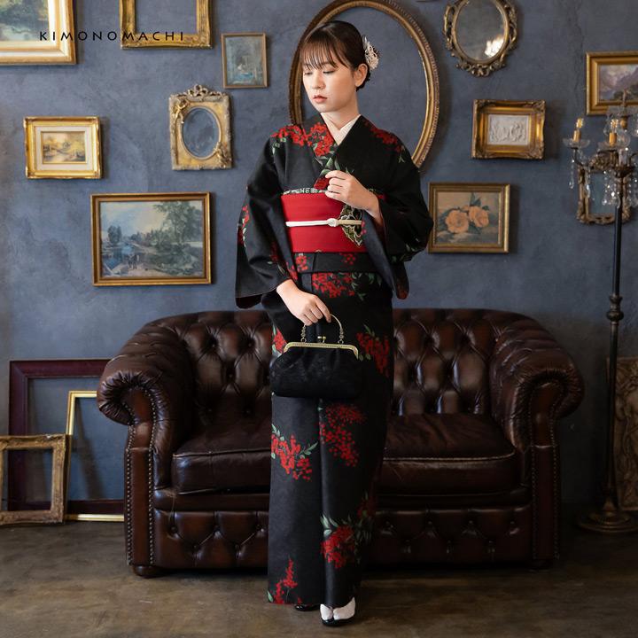 KIMONOMACHI 洗える着物 セット「袷着物：アラベスクに南天 黒色＋京