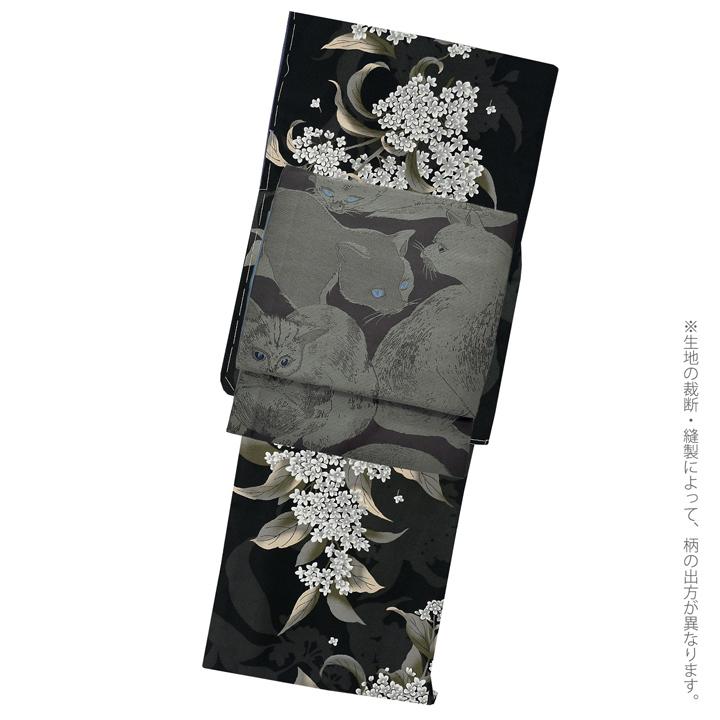 KIMONOMACHI 洗える着物 セット「袷着物：銀木犀 黒色＋京袋帯：薄暮の