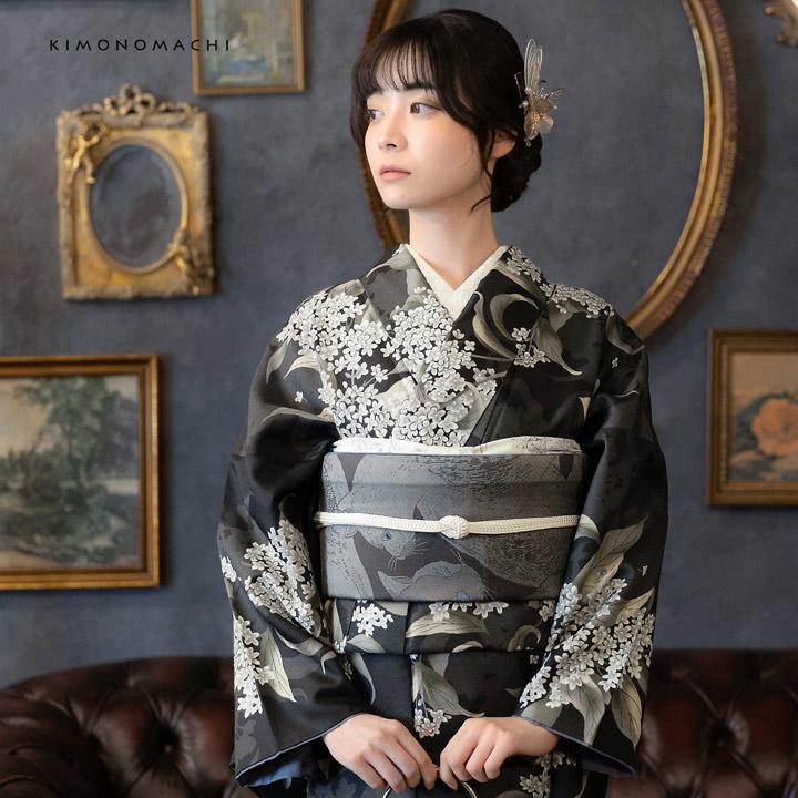 洗える着物 セット「袷着物：銀木犀 黒色＋京袋帯：薄暮の灰猫」KIMONOMACHI オリジナル きもの福袋 サイズS/M/L/LL 2025-2026新作 (メール便不可)の画像