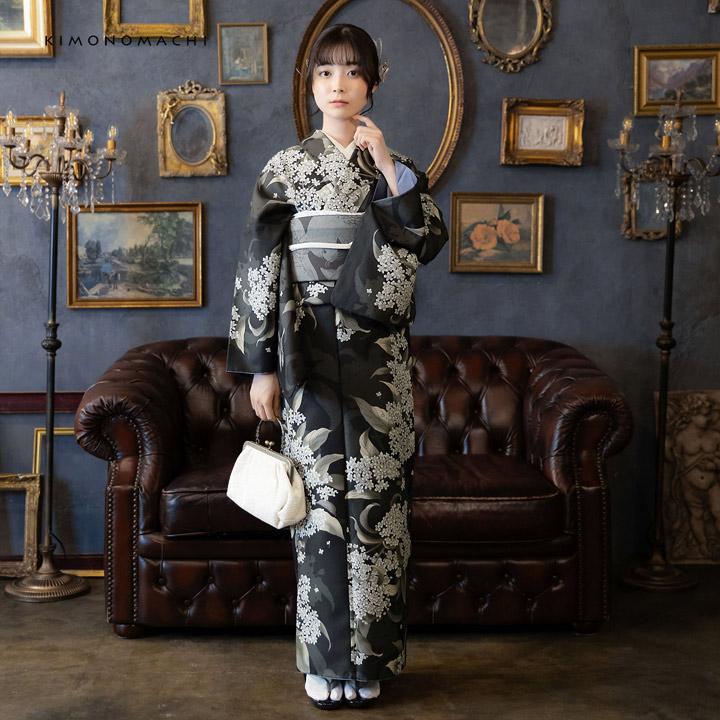 KIMONOMACHI 洗える着物 セット「袷着物：銀木犀 黒色＋京袋帯：薄暮の