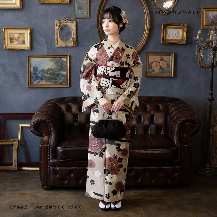 KIMONOMACHI 洗える着物 セット「袷着物：雲に牡丹、花紋 利休白茶色＋