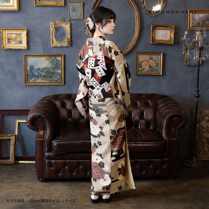 KIMONOMACHI 洗える着物 セット「袷着物：雲に牡丹、花紋 利休白茶色＋