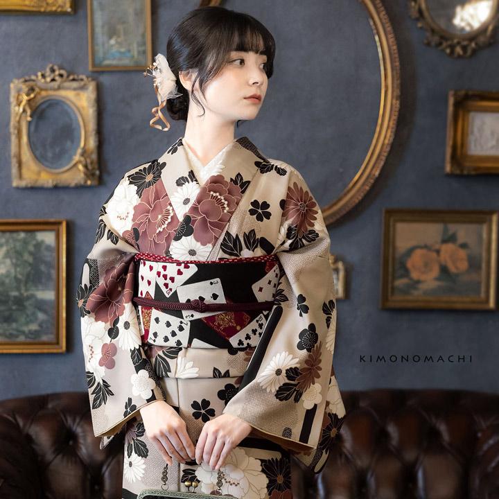 KIMONOMACHI 洗える着物 セット「袷着物：雲に牡丹、花紋 利休白茶色＋