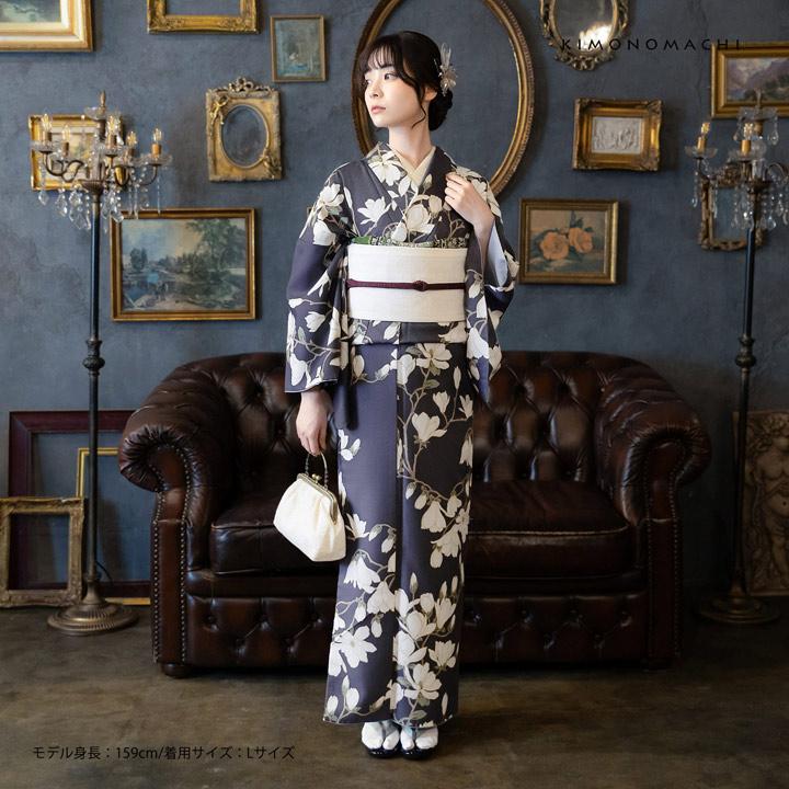 KIMONOMACHI 洗える着物 セット「袷着物：白木蓮 藤墨色＋京袋帯：献上 