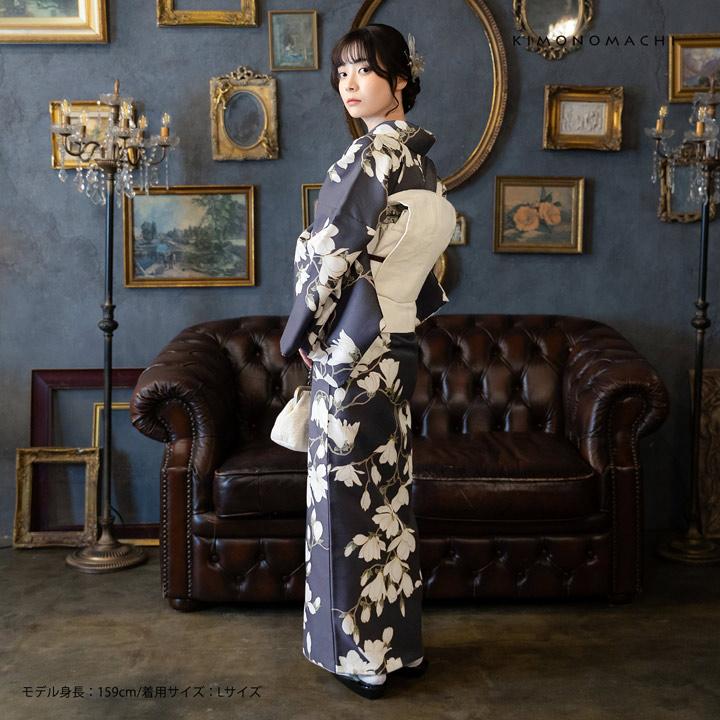 KIMONOMACHI 洗える着物 セット「袷着物：白木蓮 藤墨色＋京袋帯：献上