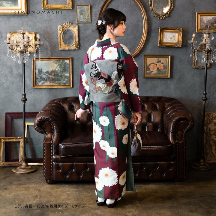 KIMONOMACHI 洗える着物 セット「袷着物：矢羽根に菊 赤紫色＋京袋帯