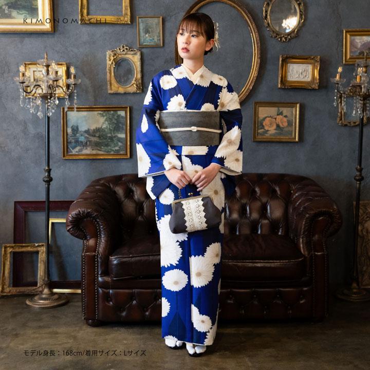 洗える着物 セット「袷着物：矢羽根に菊 瑠璃色＋京袋帯：献上鳥更紗」KIMONOMACHI オリジナル 着物と帯の2点セット サイズS/M/L/LL コーディネート済み着物セット 小紋 レディース キモノ【メール便不可】ss2512kck10 KIMONOMACHI 洗える着物 セット「袷着物：矢羽根に菊 瑠璃色＋京袋帯