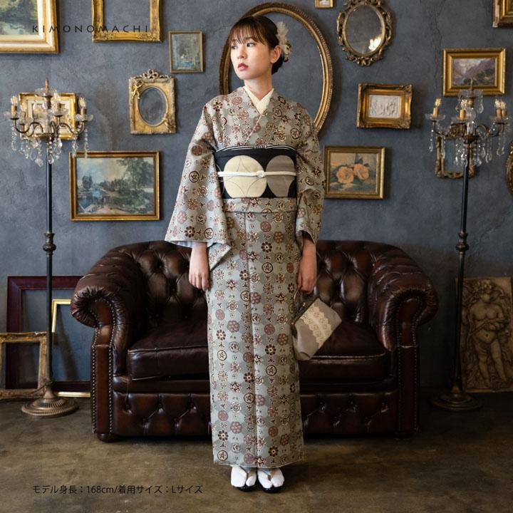 洗える着物 セット「袷着物：丸花更紗に菱 灰釉色＋京袋帯：月七宝」KIMONOMACHI オリジナル 着物と帯の2点セット S/M/L/LL コーディネート済み(メール便不可)の画像
