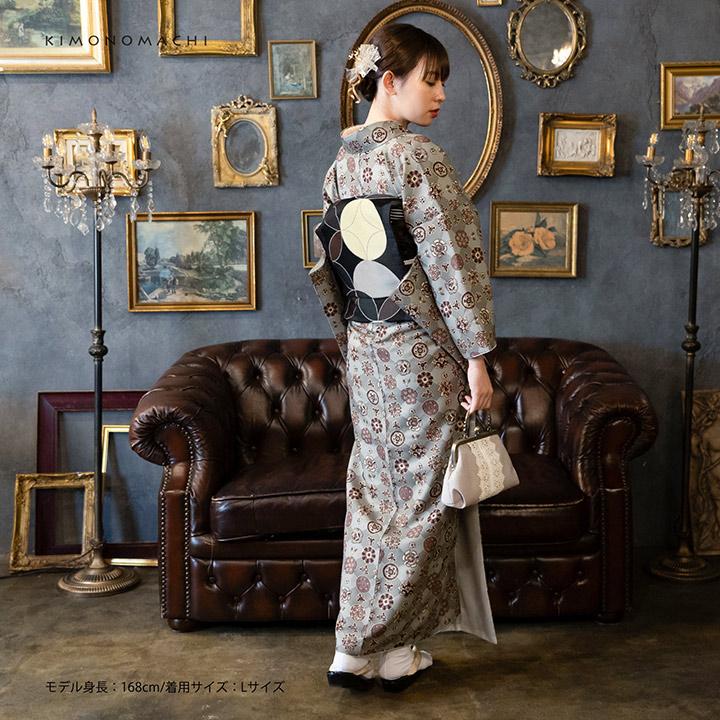 洗える着物 セット「袷着物：丸花更紗に菱 灰釉色＋京袋帯：月七宝」KIMONOMACHI オリジナル 着物と帯の2点セット S/M/L/LL コーディネート済み(メール便不可)の画像