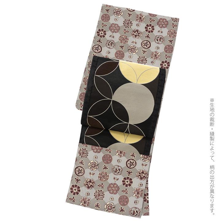 洗える着物 セット「袷着物：丸花更紗に菱 灰釉色＋京袋帯：月七宝」KIMONOMACHI オリジナル 着物と帯の2点セット S/M/L/LL コーディネート済み(メール便不可)の画像
