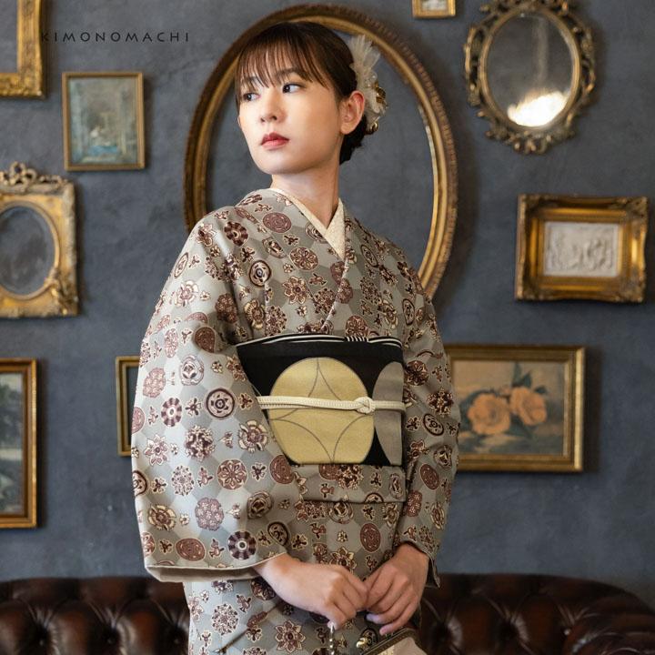 洗える着物 セット「袷着物：丸花更紗に菱 灰釉色＋京袋帯：月七宝」KIMONOMACHI オリジナル 着物と帯の2点セット S/M/L/LL コーディネート済み(メール便不可)の画像