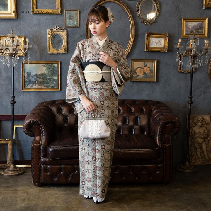 洗える着物 セット「袷着物：丸花更紗に菱 灰釉色＋京袋帯：月七宝」KIMONOMACHI オリジナル 着物と帯の2点セット S/M/L/LL コーディネート済み(メール便不可)の画像