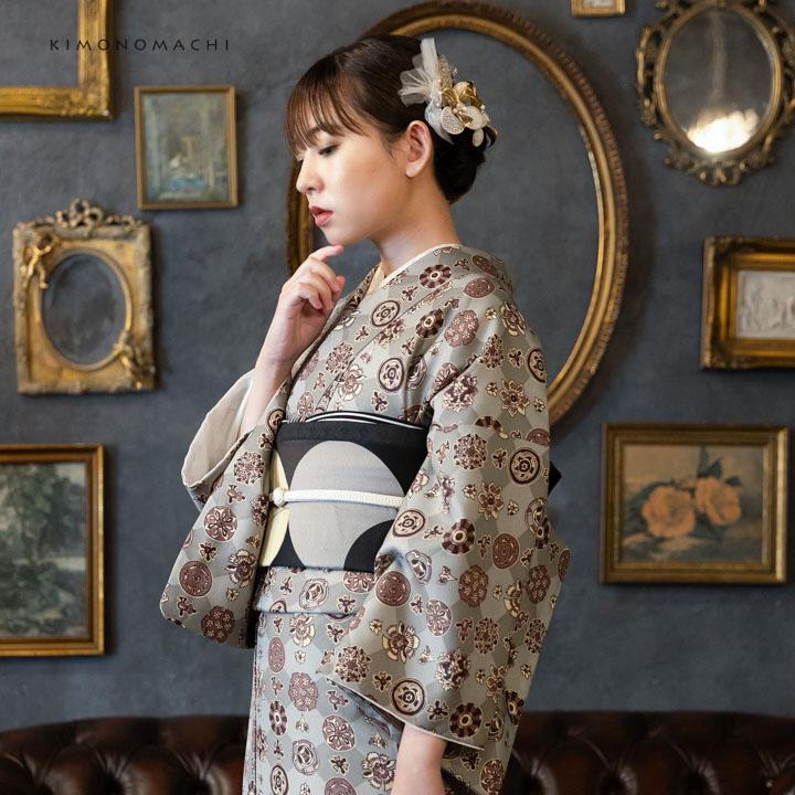 洗える着物 セット「袷着物：丸花更紗に菱 灰釉色＋京袋帯：月七宝」KIMONOMACHI オリジナル 着物と帯の2点セット S/M/L/LL コーディネート済み(メール便不可)の画像