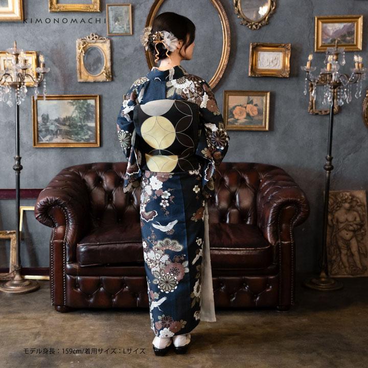 KIMONOMACHI 洗える着物 セット「袷着物：鶴と花紋に紗綾形 紺色＋京