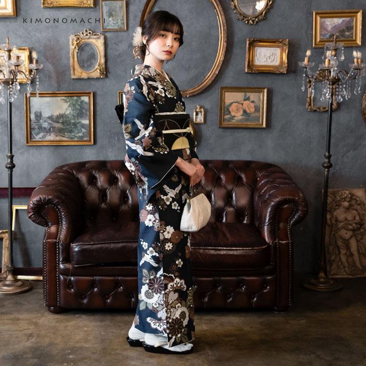 KIMONOMACHI 洗える着物 セット「袷着物：鶴と花紋に紗綾形 紺色＋京