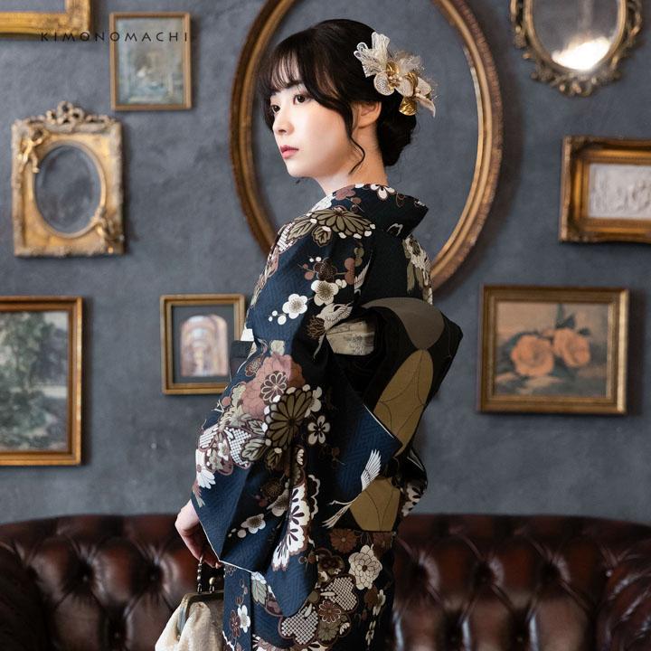 KIMONOMACHI 洗える着物 セット「袷着物：鶴と花紋に紗綾形 紺色＋京