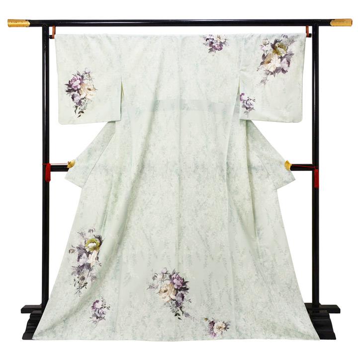 先生袴 セット 4点セット「訪問着：アイスグリーン ブーケ＋袴：ダークグリーン 南天＋袴下帯：シルバーグレー 七宝＋襦袢」卒業式 女性 (メール便不可)の画像