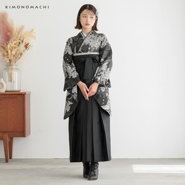 袴 セット 卒業式 女性 4点セット「二尺袖：銀木犀 黒色＋袴：黒 椿＋