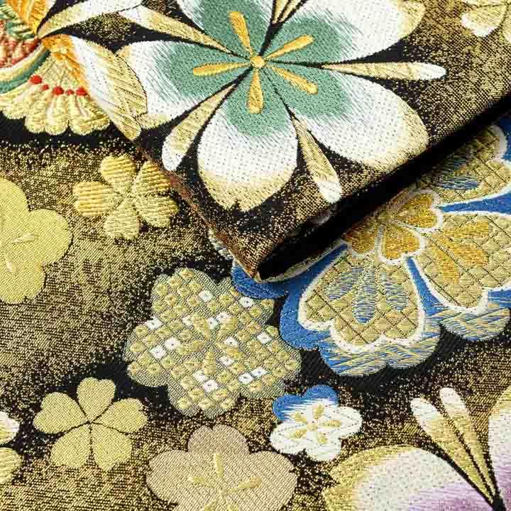 訳アリ)振袖 袋帯 単品「黒×ゴールド 桜紋」日本製 未仕立て 振袖用 