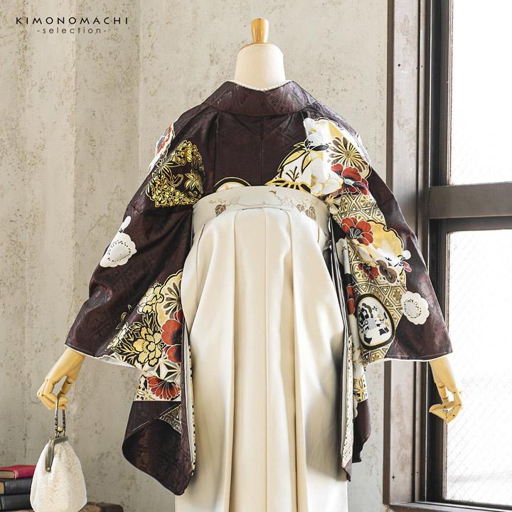袴 セット 卒業式 女性 4点セット「絵羽二尺袖：焦茶色 雪輪に四季花+刺繍袴：オフホワイト 葡萄+袴下帯：ベージュグレー 麻の葉+襦袢」卒業式 (メール便不可)の画像