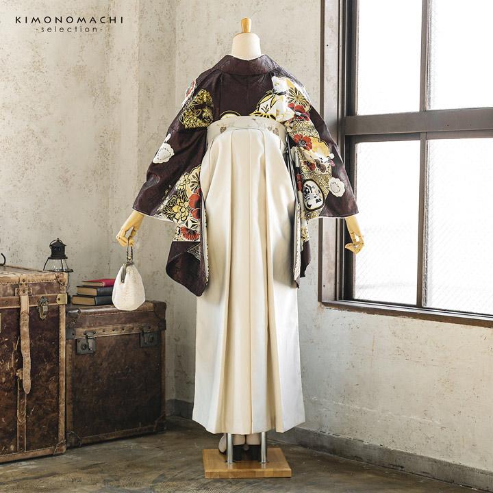 袴 セット 卒業式 女性 4点セット「絵羽二尺袖：焦茶色 雪輪に四季花+刺繍袴：オフホワイト 葡萄+袴下帯：ベージュグレー 麻の葉+襦袢」卒業式 (メール便不可)の画像