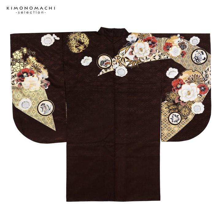 袴 セット 卒業式 女性 4点セット「絵羽二尺袖：焦茶色 雪輪に四季花+刺繍袴：オフホワイト 葡萄+袴下帯：ベージュグレー 麻の葉+襦袢」卒業式 (メール便不可)の画像