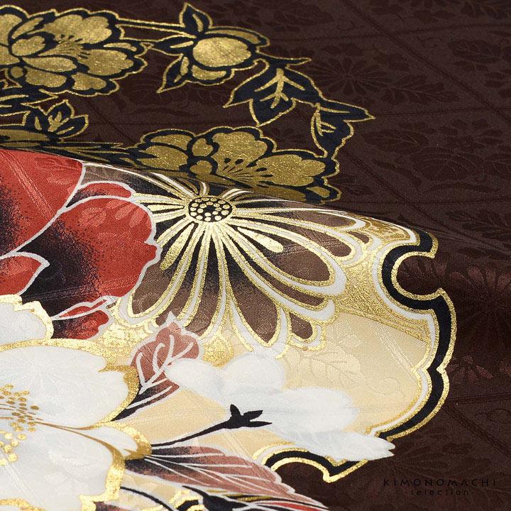 袴 セット 卒業式 女性 4点セット「絵羽二尺袖：焦茶色 雪輪に四季花+刺繍袴：オフホワイト 葡萄+袴下帯：ベージュグレー 麻の葉+襦袢」卒業式 (メール便不可)の画像