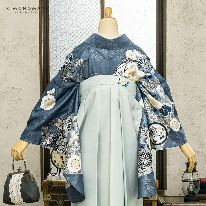 袴 セット 卒業式 女性 4点セット「絵羽二尺袖：青鼠色 雪輪に四季花+刺繍袴：アイスグレー 椿+袴下帯：シルバーグレー 七宝+襦袢」卒業式 女性 (メール便不可)の画像