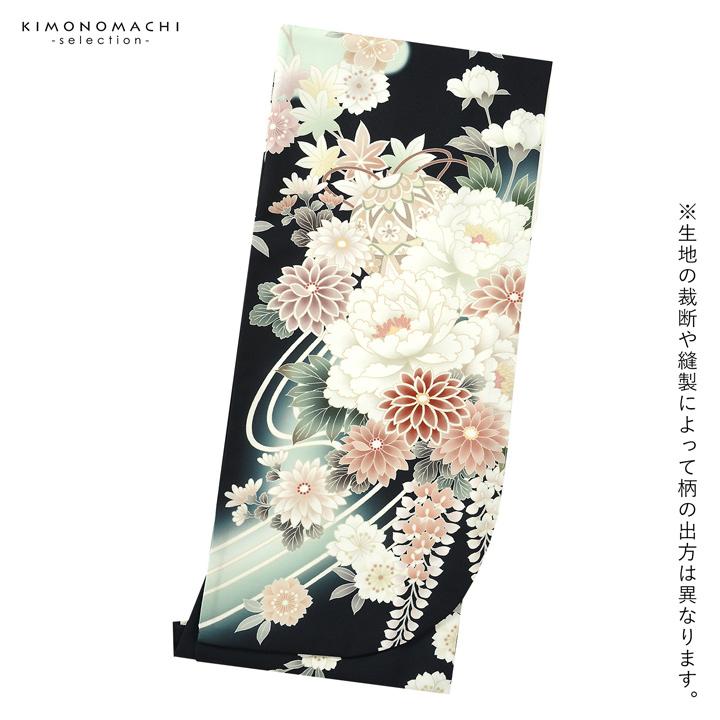 二尺袖着物 単品「墨黒 流水に牡丹、四季花、鈴」Fサイズ お仕立て上がり 短丈 ショート丈 レディース 洗える着物 二尺袖 着物 袴に合わせて (メール便不可)の画像