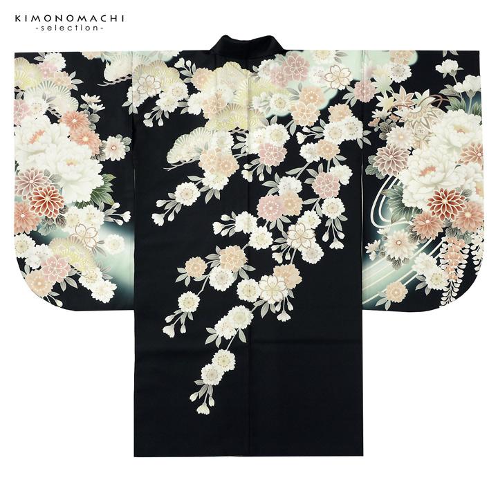 二尺袖着物 単品「墨黒 流水に牡丹、四季花、鈴」Fサイズ お仕立て上がり 短丈 ショート丈 レディース 洗える着物 二尺袖 着物 袴に合わせて (メール便不可)の画像
