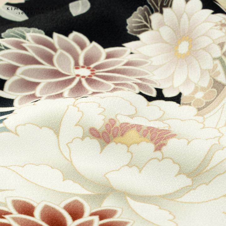 二尺袖着物 単品「墨黒 流水に牡丹、四季花、鈴」Fサイズ お仕立て上がり 短丈 ショート丈 レディース 洗える着物 二尺袖 着物 袴に合わせて (メール便不可)の画像