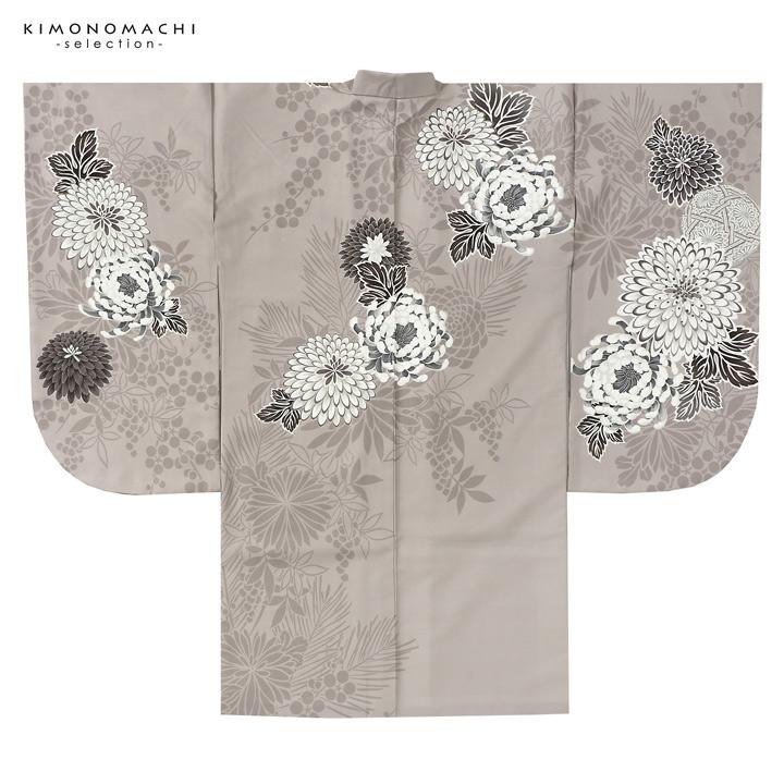 二尺袖着物 単品「グレージュ 八重菊に手鞠」Fサイズ お仕立て上がり 短丈 ショート丈 レディース 洗える着物 二尺袖 着物 袴に合わせて 卒業式 (メール便不可)の画像