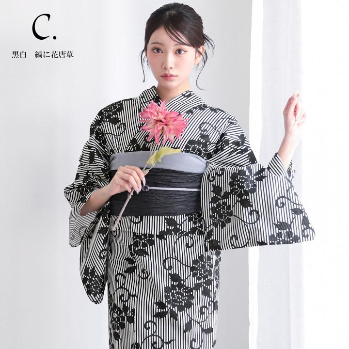 浴衣 レディース 女性 2点セット (浴衣+しわ兵児帯)「芒・菊・縞に花