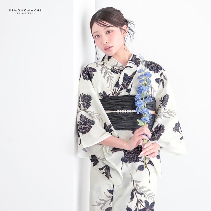 浴衣 レディース 女性 2点セット (浴衣+しわ兵児帯)「牡丹・百合・鉄紺