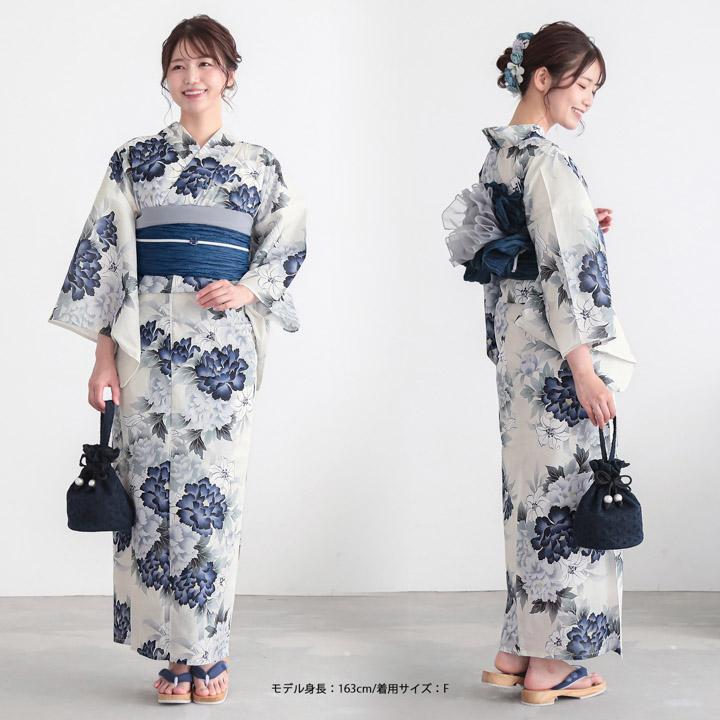 浴衣 レディース 女性 2点セット (浴衣+しわ兵児帯)「牡丹・百合・鉄紺