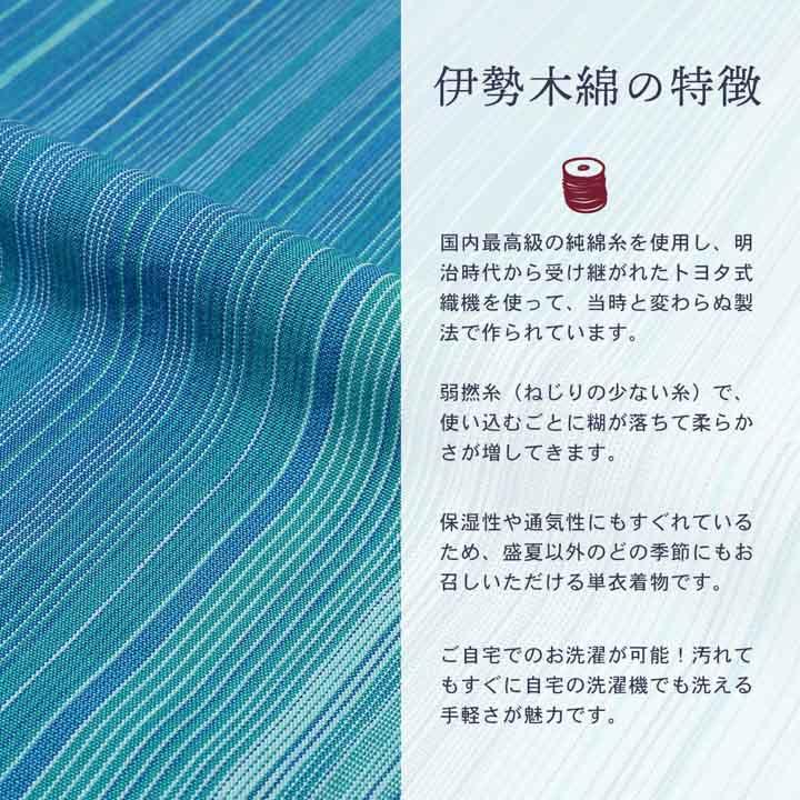 伊勢木綿 洗える着物 反物 レディース「滝縞 縹色×水色」未仕立て 木綿きもの 日本製 三重県 伝統工芸品 単衣 綿 カジュアル 小紋 レディース(メール便不可)の画像