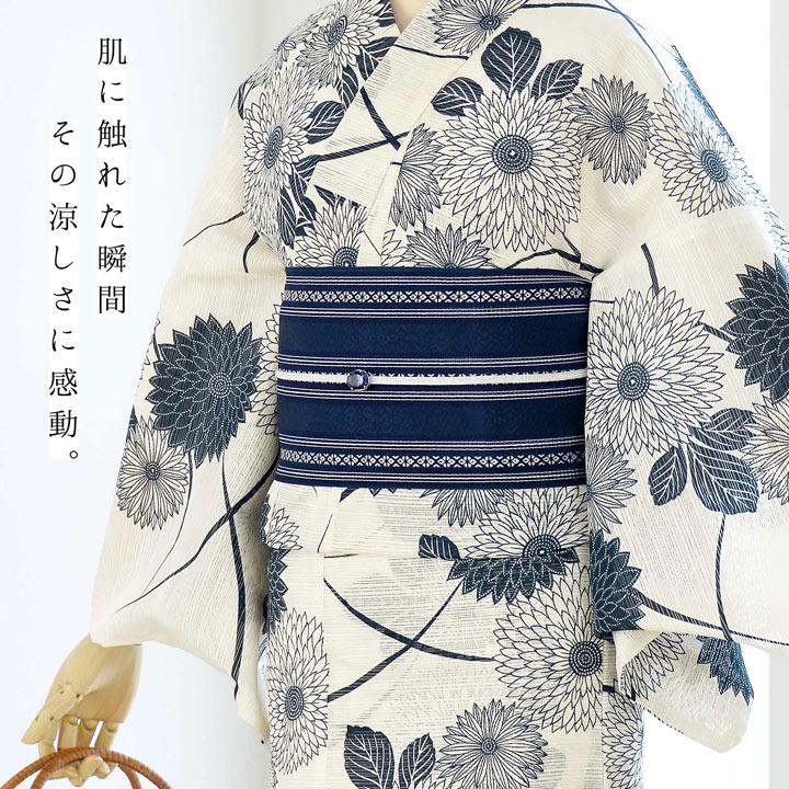 浴衣 レディース 単品 お仕立て上がり浴衣 綿絽浴衣「流れ菊 生成り色